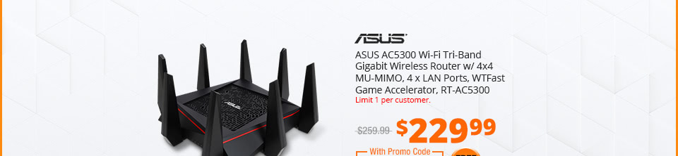 ASUS AC5300 Wi-Fi Tri-Band Gigabit Wireless Router w/ 4x4 MU-MIMO, 4 x LAN Ports, WTFast Game Accelerator, RT-AC5300