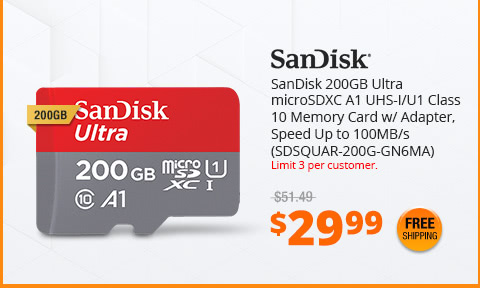 SanDisk 200GB Ultra microSDXC A1 UHS-I/U1 Class 10 Memory Card w/ Adapter, Speed Up to 100MB/s (SDSQUAR-200G-GN6MA)