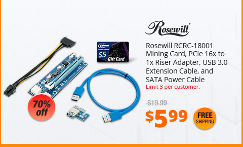 Rosewill RCRC-18001 Mining Card, PCIe 16x to 1x Riser Adapter, USB 3.0 Extension Cable, and SATA Power Cable