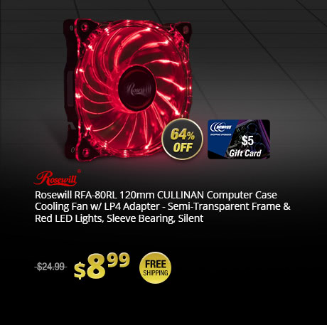 Rosewill RFA-80RL 120mm CULLINAN Computer Case Cooling Fan w/ LP4 Adapter - Semi-Transparent Frame & Red LED Lights, Sleeve Bearing, Silent