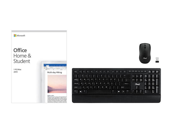 1xRosewill Wireless Office Keyboard Mouse Combo, Long Battery Life, Slim Sleek Ergonomic and Comfortable - RKM-1000 1xMicrosoft Office Home & Student 2019 | One-time Purchase, 1 Device | PC / Mac Keycard 