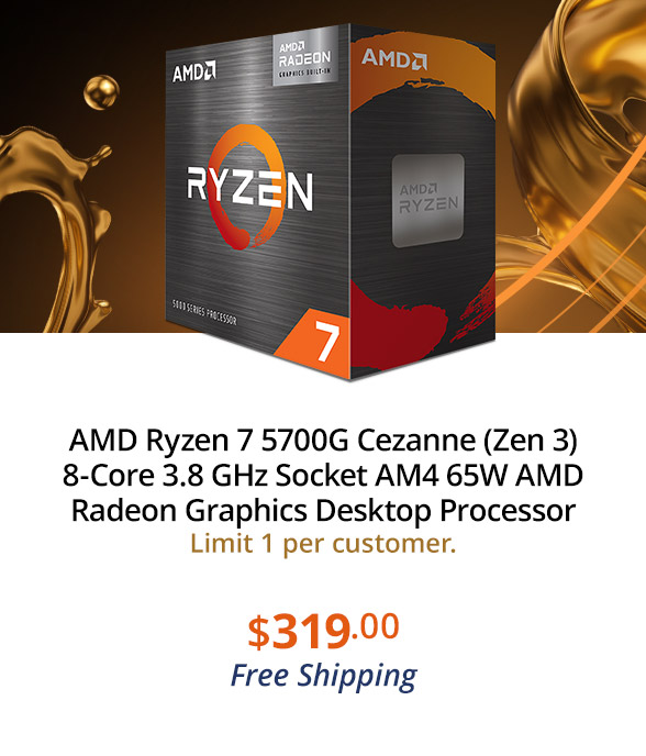 AMD Ryzen 7 5700G Cezanne (Zen 3) 8-Core 3.8 GHz Socket AM4 65W AMD Radeon Graphics Desktop Processor