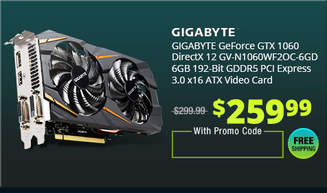 GIGABYTE GeForce GTX 1060 DirectX 12 GV-N1060WF2OC-6GD 6GB 192-Bit GDDR5 PCI Express 3.0 x16 ATX Video Card