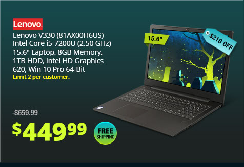 Lenovo V330 (81AX00H6US) Intel Core i5-7200U (2.50 GHz) 15.6" Laptop, 8GB Memory, 1TB HDD, Intel HD Graphics 620, Win 10 Pro 64-Bit