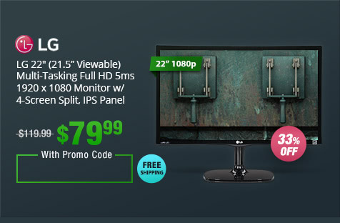 LG 22" (21.5” Viewable) Multi-Tasking Full HD 5ms 1920 x 1080 Monitor w/ 4-Screen Split, IPS Panel