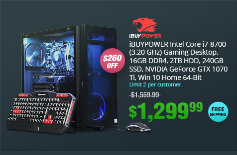 iBUYPOWER Intel Core i7-8700 (3.20 GHz) Gaming Desktop, 16GB DDR4, 2TB HDD, 240GB SSD, NVIDIA GeForce GTX 1070 Ti, Win 10 Home 64-Bit