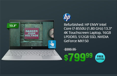 Refurbished: HP ENVY Intel Core i7-8550U (1.80 GHz) 13.3" 4K Touchscreen Laptop, 16GB LPDDR3, 512GB SSD, NVIDIA GeForce MX150