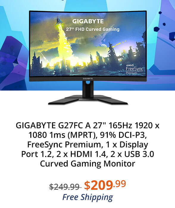 GIGABYTE G27FC A 27" 165Hz 1920 x 1080 1ms (MPRT), 91% DCI-P3, FreeSync Premium, 1 x Display Port 1.2, 2 x HDMI 1.4, 2 x USB 3.0 Curved Gaming Monitor