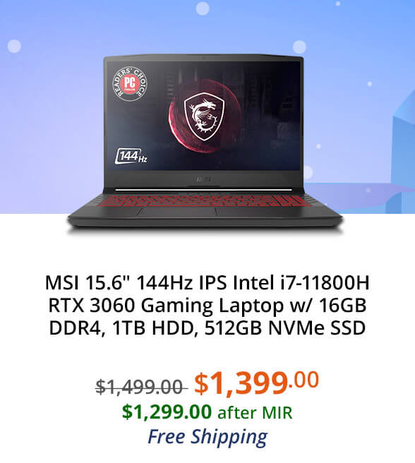 MSI 15.6" 144Hz IPS Intel i7-11800H RTX 3060 Gaming Laptop w/ 16GB DDR4, 1TB HDD, 512GB NVMe SSD