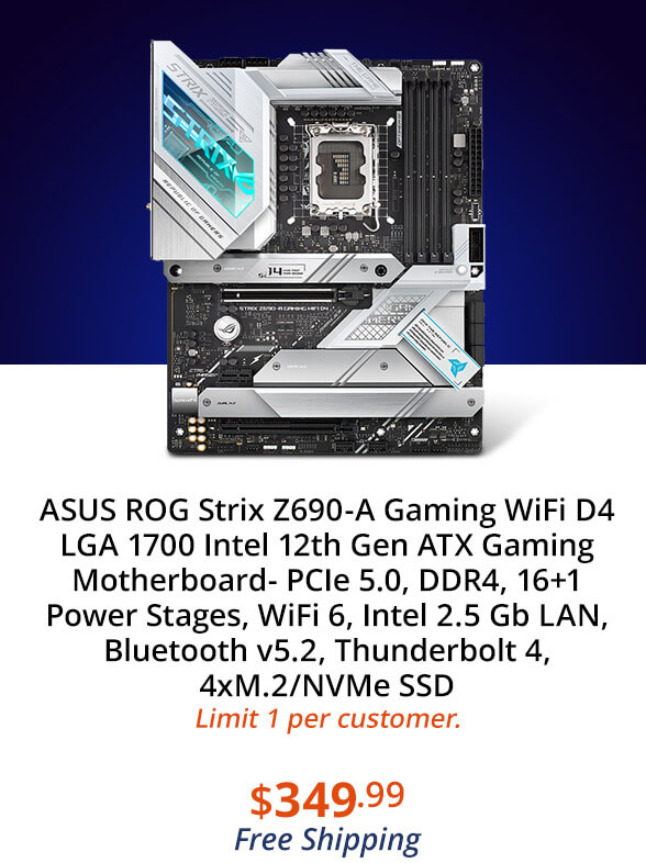 ASUS ROG Strix Z690-A Gaming WiFi D4 LGA 1700 Intel 12th Gen ATX Gaming Motherboard- PCIe 5.0, DDR4, 16+1 Power Stages, WiFi 6, Intel 2.5 Gb LAN, Bluetooth v5.2, Thunderbolt 4, 4xM.2/NVMe SSD