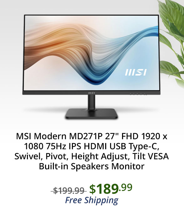 MSI Modern MD271P 27" FHD 1920 x 1080 75Hz IPS HDMI USB Type-C, Swivel, Pivot, Height Adjust, Tilt VESA Built-in Speakers Monitor