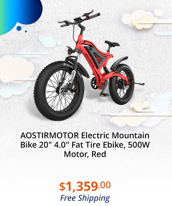 AOSTIRMOTOR Electric Mountain Bike 20" 4.0" Fat Tire Ebike, 500W Motor, Red