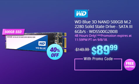WD Blue 3D NAND 500GB M.2 2280 Solid State Drive - SATA III 6Gb/s - WDS500G2B0B