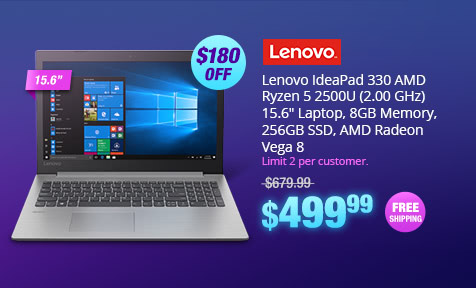 Lenovo IdeaPad 330 AMD Ryzen 5 2500U (2.00 GHz) 15.6" Laptop, 8GB Memory, 256GB SSD, AMD Radeon Vega 8