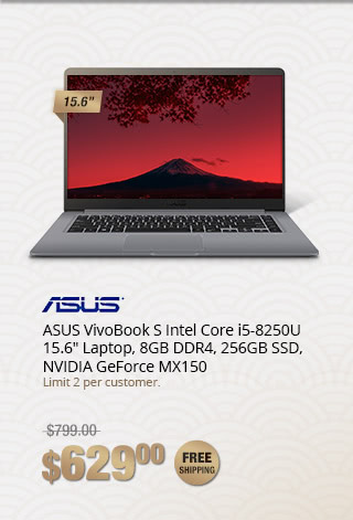 ASUS VivoBook S Intel Core i5-8250U 15.6" Laptop, 8GB DDR4, 256GB SSD, NVIDIA GeForce MX150