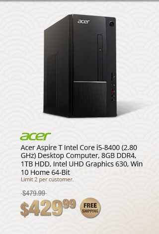 Acer Aspire T Intel Core i5-8400 (2.80 GHz) Desktop Computer, 8GB DDR4, 1TB HDD, Intel UHD Graphics 630, Win 10 Home 64-Bit
