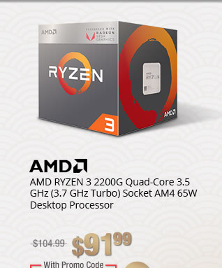 AMD RYZEN 3 2200G Quad-Core 3.5 GHz (3.7 GHz Turbo) Socket AM4 65W Desktop Processor