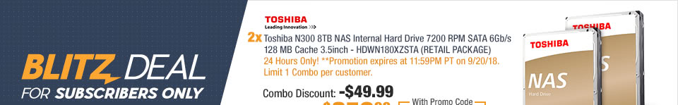 Combo: 2x - Toshiba N300 8TB NAS Internal Hard Drive 7200 RPM SATA 6Gb/s 128 MB Cache 3.5inch - HDWN180XZSTA (RETAIL PACKAGE)