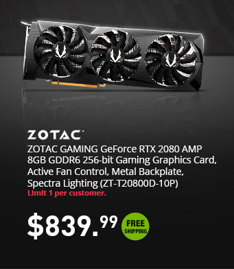 ZOTAC GAMING GeForce RTX 2080 AMP 8GB GDDR6 256-bit Gaming Graphics Card, Active Fan Control, Metal Backplate, Spectra Lighting (ZT-T20800D-10P)