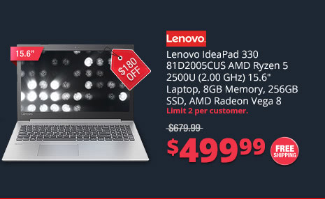 Lenovo IdeaPad 330 81D2005CUS AMD Ryzen 5 2500U (2.00 GHz) 15.6" Laptop, 8GB Memory, 256GB SSD, AMD Radeon Vega 8