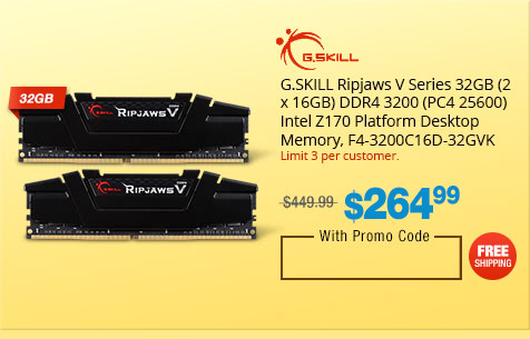 G.SKILL Ripjaws V Series 32GB (2 x 16GB) DDR4 3200 (PC4 25600) Intel Z170 Platform Desktop Memory, F4-3200C16D-32GVK