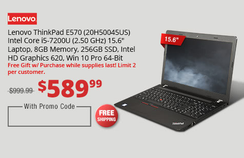 Lenovo ThinkPad E570 (20H50045US) Intel Core i5-7200U (2.50 GHz) 15.6" Laptop, 8GB Memory, 256GB SSD, Intel HD Graphics 620, Win 10 Pro 64-Bit