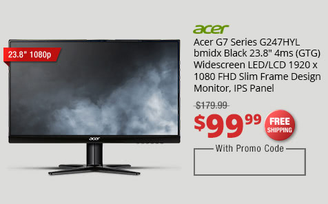Acer G7 Series G247HYL bmidx Black 23.8" 4ms (GTG) Widescreen LED/LCD 1920 x 1080 FHD Slim Frame Design Monitor, IPS Panel