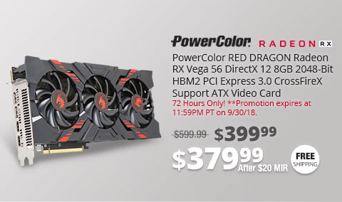 PowerColor RED DRAGON Radeon RX Vega 56 DirectX 12 8GB 2048-Bit HBM2 PCI Express 3.0 CrossFireX Support ATX Video Card