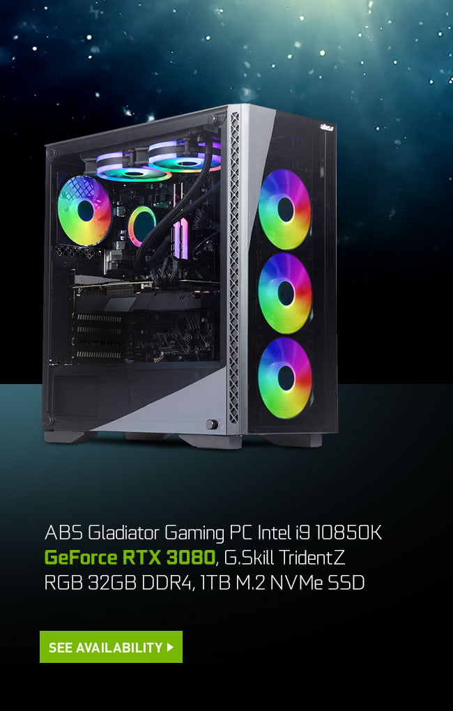 ABS Gladiator Gaming PC Intel i9 10850K GeForce RTX 3080, G.Skill TridentZ RGB 32GB DDR4, 1TB M.2 NVMe SSD