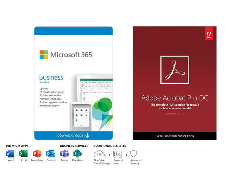 1xMicrosoft 365 Business Standard | 12-Month Subscription, 1 person | Premium Office apps | 1TB OneDrive cloud storage | PC/Mac Download 1xAdobe Acrobat Pro DC for Windows & Mac - Digital Membership [Prepaid 1 Year] 