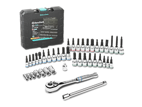 DURATECH 42-piece Bit Socket Set, Torx /Hex /Slotted /Phillips /Allen Sockets, 90-Tooth Reversible Ratchet, Extension Bar & Adapter, SAE & Metric, Premium CR-V & S2 Steel, with Storage Case