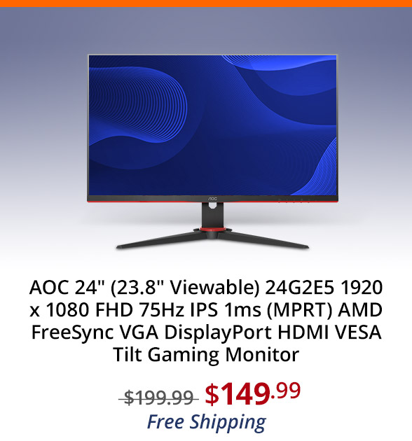 AOC 24" (23.8" Viewable) 24G2E5 1920 x 1080 FHD 75Hz IPS 1ms (MPRT) AMD FreeSync VGA DisplayPort HDMI VESA Tilt Gaming Monitor