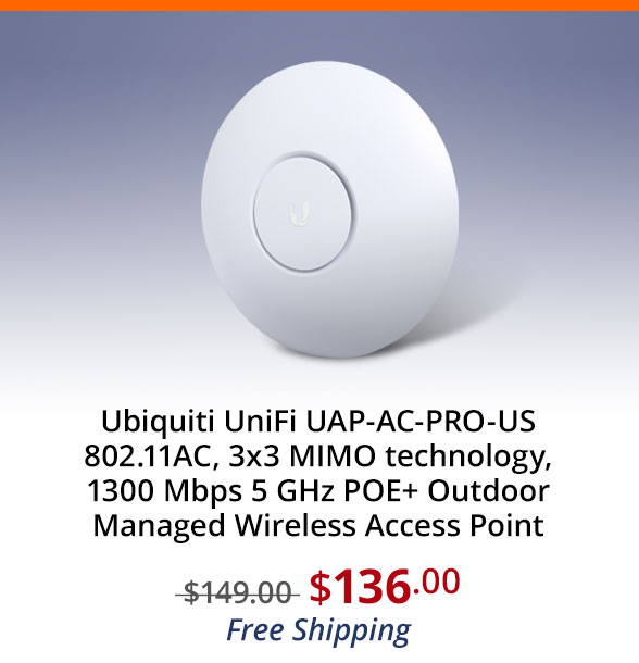 Ubiquiti UniFi UAP-AC-PRO-US 802.11AC, 3x3 MIMO technology, 1300 Mbps 5 GHz POE+ Outdoor Managed Wireless Access Point