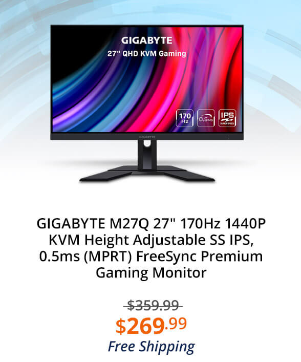 GIGABYTE M27Q 27" 170Hz 1440P KVM Height Adjustable SS IPS, 0.5ms (MPRT) FreeSync Premium Gaming Monitor