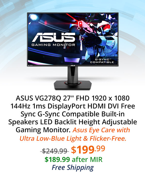 ASUS VG278Q 27" FHD 1920 x 1080 144Hz 1ms DisplayPort HDMI DVI Free Sync G-Sync Compatible Built-in Speakers LED Backlit Height Adjustable Gaming Monitor