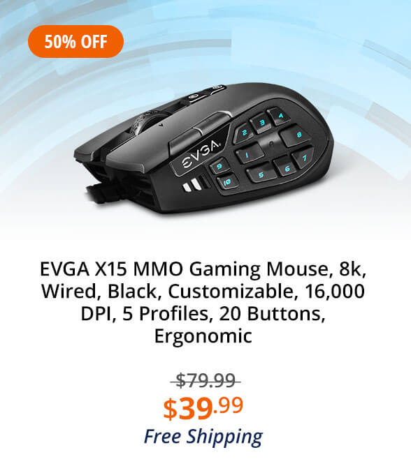 EVGA X15 MMO Gaming Mouse, 8k, Wired, Black, Customizable, 16,000 DPI, 5 Profiles, 20 Buttons, Ergonomic