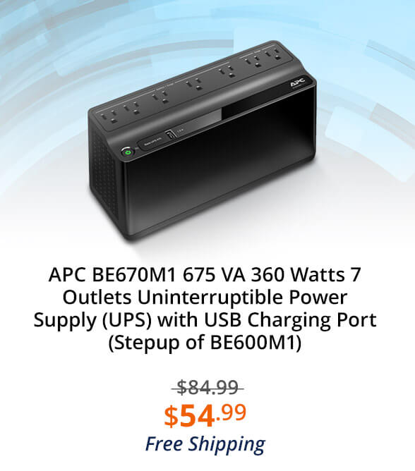 APC BE670M1 675 VA 360 Watts 7 Outlets Uninterruptible Power Supply (UPS) with USB Charging Port (Stepup of BE600M1)