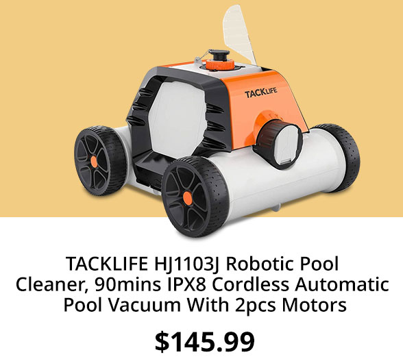 TACKLIFE HJ1103J Robotic Pool Cleaner, 90mins IPX8 Cordless Automatic Pool Vacuum With 2pcs Motors