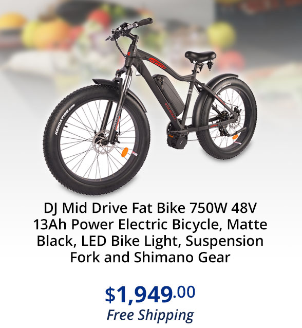 DJ Mid Drive Fat Bike 750W 48V 13Ah Power Electric Bicycle, Matte Black, LED Bike Light, Suspension Fork and Shimano Gear