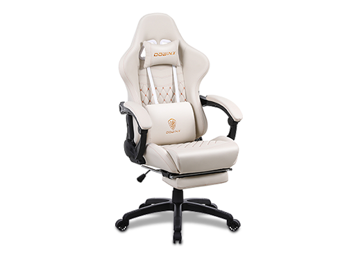 DOWINX Gaming Chair Office Desk Chair with Massage Lumbar Support Type, Vintage Style Armchair PU Leather E-Sports Gamer Chairs with Retractable Footrest (Ivory)