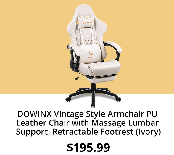 DOWINX Vintage Style Armchair PU Leather Chair with Massage Lumbar Support, Retractable Footrest (Ivory)