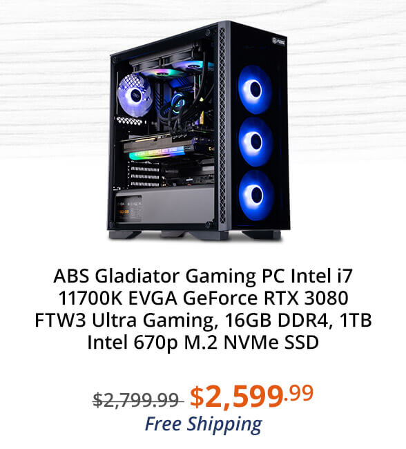 ABS Gladiator Gaming PC Intel i7 11700K EVGA GeForce RTX 3080 FTW3 Ultra Gaming, 16GB DDR4, 1TB Intel 670p M.2 NVMe SSD