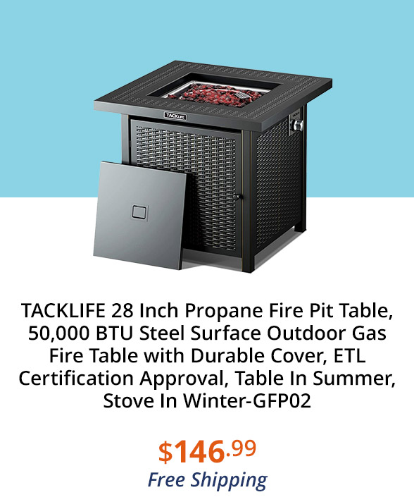 TACKLIFE 28 Inch Propane Fire Pit Table, 50,000 BTU Steel Surface Outdoor Gas Fire Table with Durable Cover, ETL Certification Approval, Table In Summer, Stove In Winter-GFP02