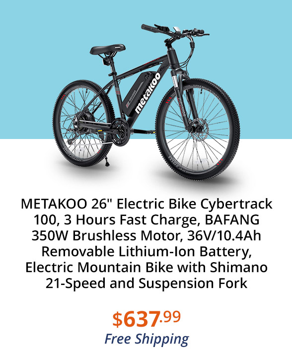 METAKOO 26" Electric Bike Cybertrack 100, 3 Hours Fast Charge, BAFANG 350W Brushless Motor, 36V/10.4Ah Removable Lithium-Ion Battery, Electric Mountain Bike with Shimano 21-Speed and Suspension Fork