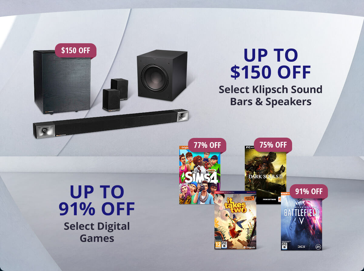 Up to $150 Off Select Klipsch Sound Bars & Speakers, Up to 91% Off Select Digital Games