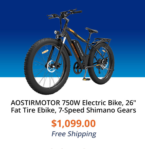 AOSTIRMOTOR 750W Electric Bike, 26" Fat Tire Ebike, 7-Speed Shimano Gears