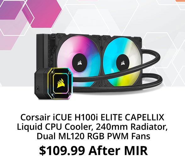 Corsair iCUE H100i ELITE CAPELLIX Liquid CPU Cooler, 240mm Radiator, Dual ML120 RGB PWM Fans