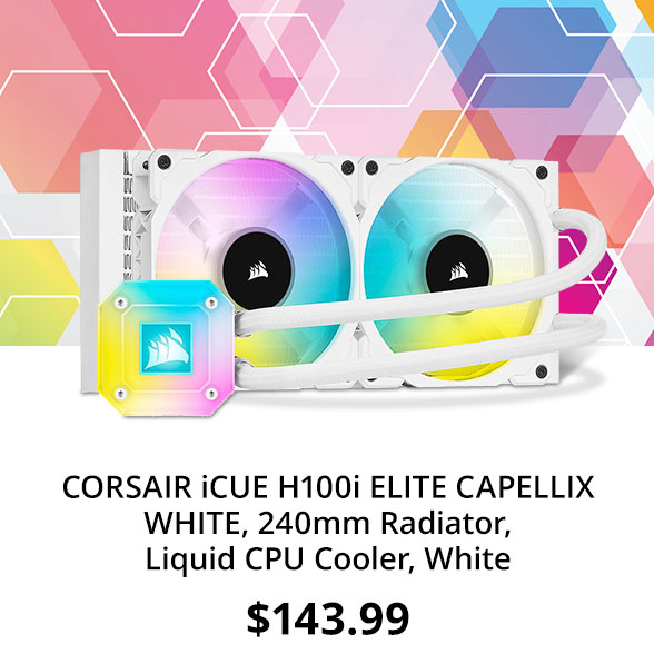 CORSAIR iCUE H100i ELITE CAPELLIX WHITE, 240mm Radiator, Liquid CPU Cooler, White