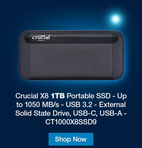 Crucial X8 1TB Portable SSD - Up to 1050 MB/s - USB 3.2 - External Solid State Drive, USB-C, USB-A - CT1000X8SSD9