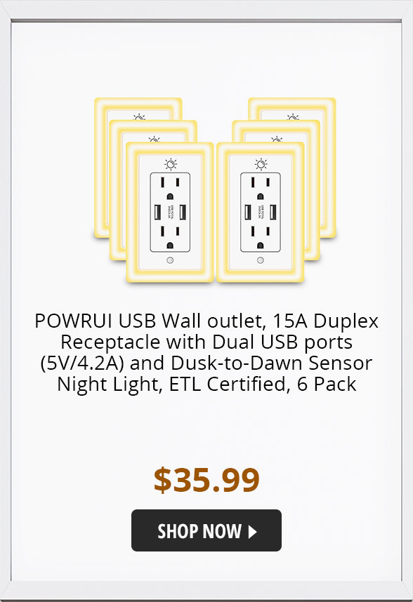 POWRUI USB Wall outlet, 15A Duplex Receptacle with Dual USB ports (5V/4.2A) and Dusk-to-Dawn Sensor Night Light, ETL Certified, 6 Pack